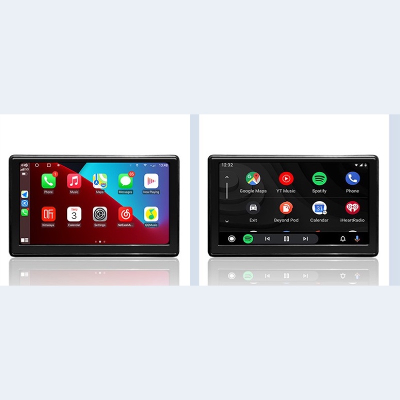 Two Fourfold Dash 7 screens side by side, one showing Apple CarPlay and one showing Android Auto