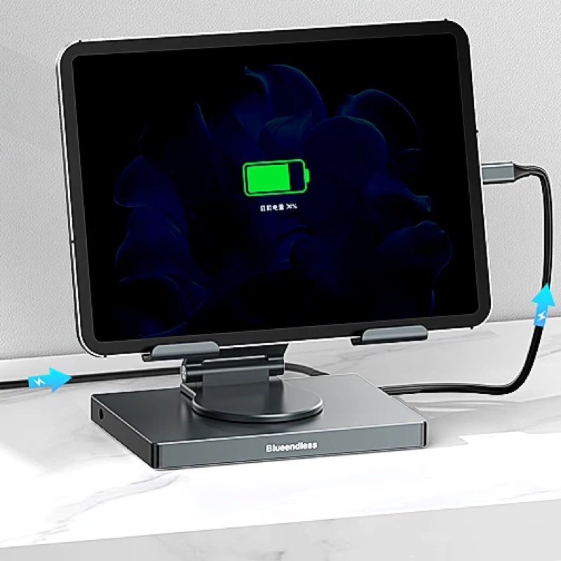 Fourfold 360 Tablet Stand & Hub charging the tablet it holds: power goes into a USB-C port on the base and out along a cable to the tablet