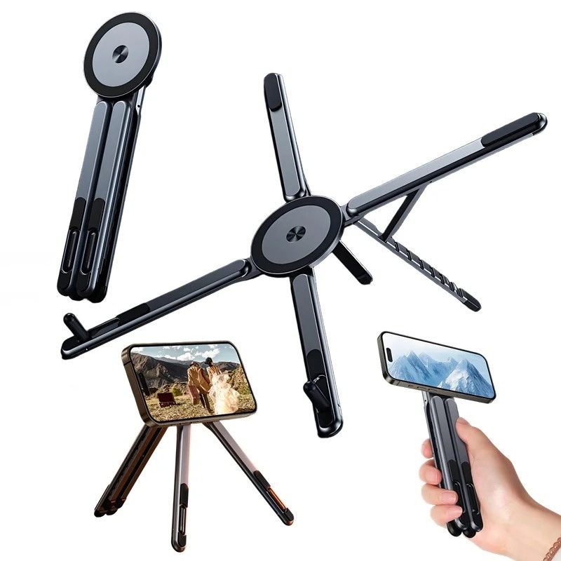 Fourfold Riser Max magnetic stand three ways: opened flat into its X, standing as a tripod holding a phone, and folded into a handle